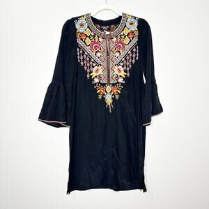 JOHNNY WAS Black Clansy Flare Sleeve Tunic Dress Embroidered Silk XS NEW